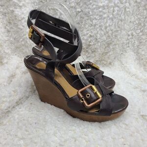 Chloe brown‎ leather ankle wrap wedge sandals 36.5